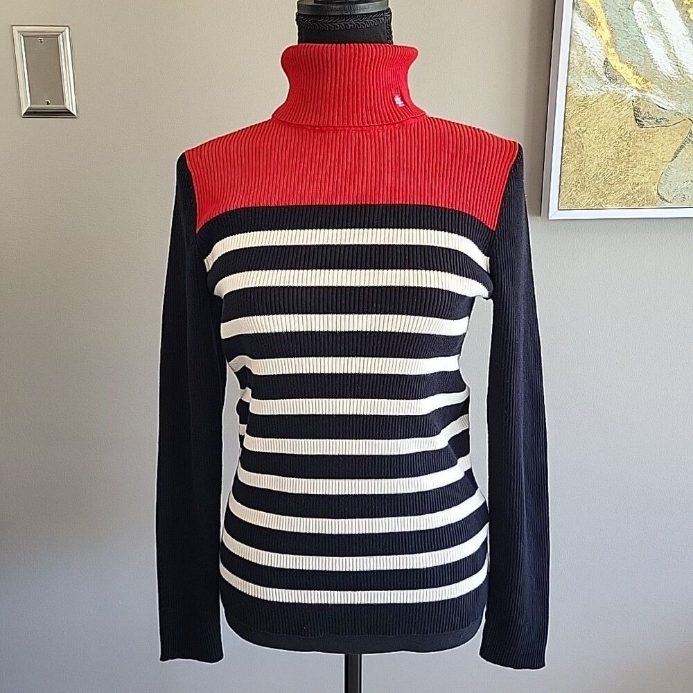 LRL Lauren Ralph Lauren Striped Turtleneck Sweater Logo Womens L